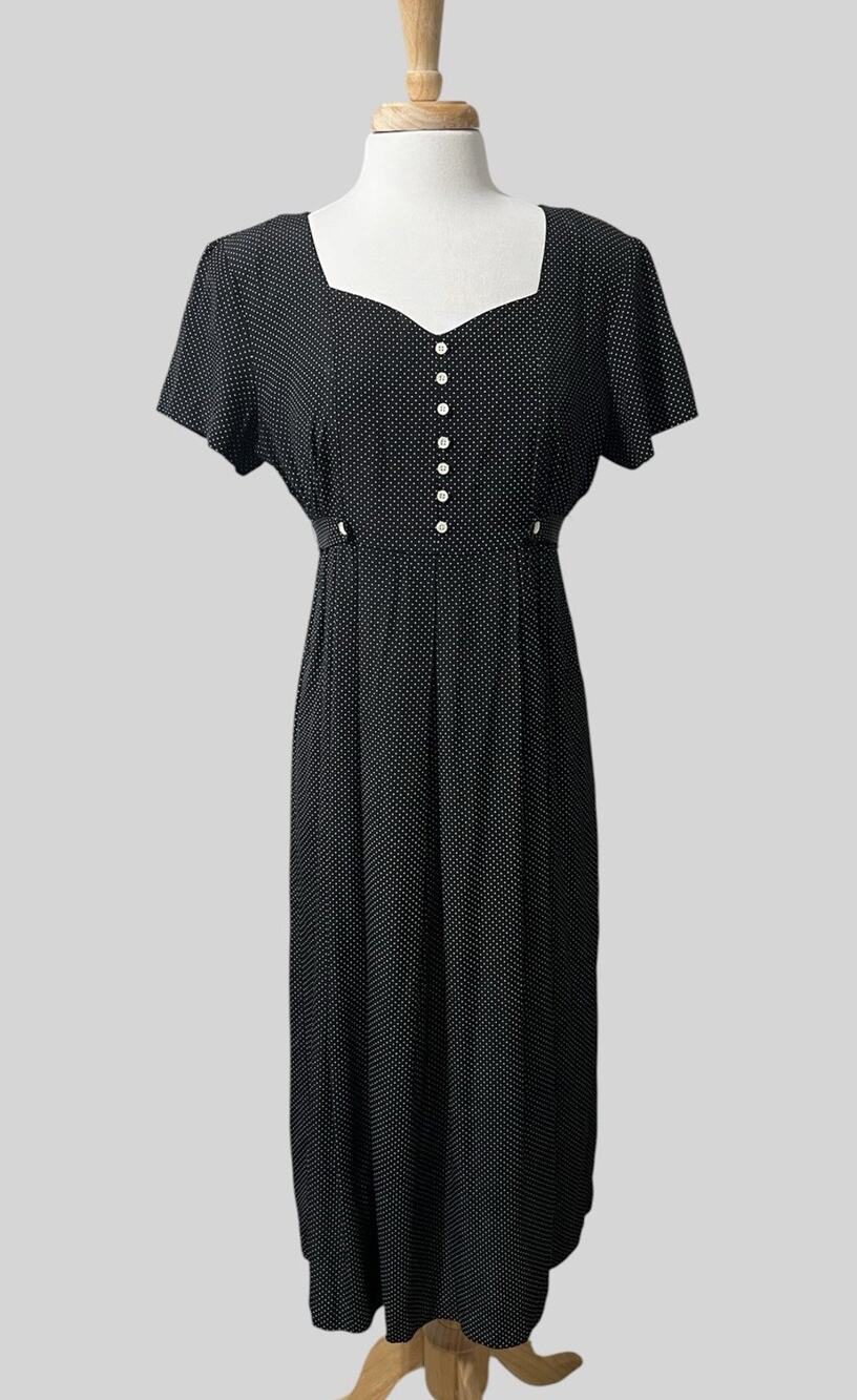 Dawn Joy Dress Vintage 80s 90s Black Polka Dot Tie Back Cottagecore Grunge sz 12